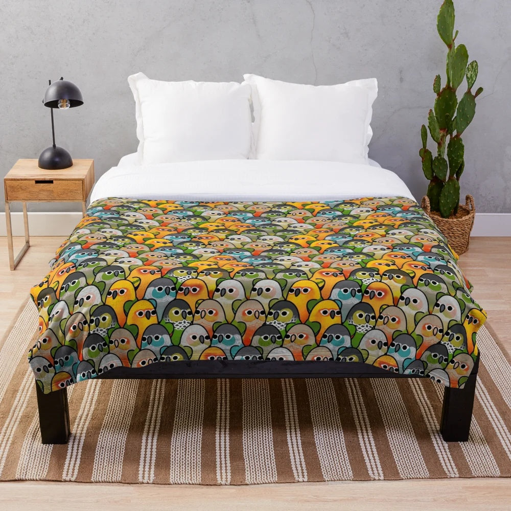 Plush blanket featuring a whimsical design of various colorful birds