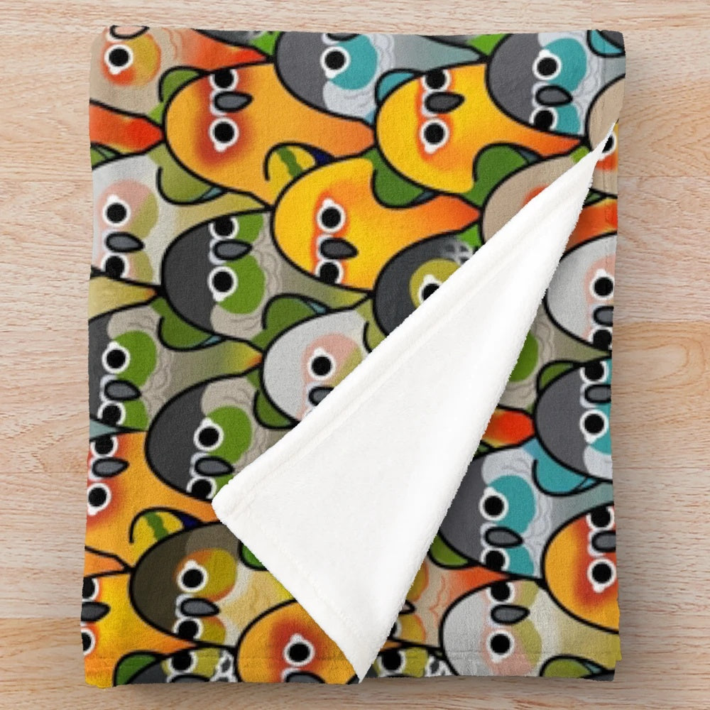 Plush blanket featuring a whimsical design of various colorful birds