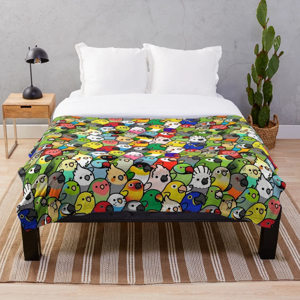 Everybirdy pattern plush blanket with various bird species including cockatiel, parrot, and more