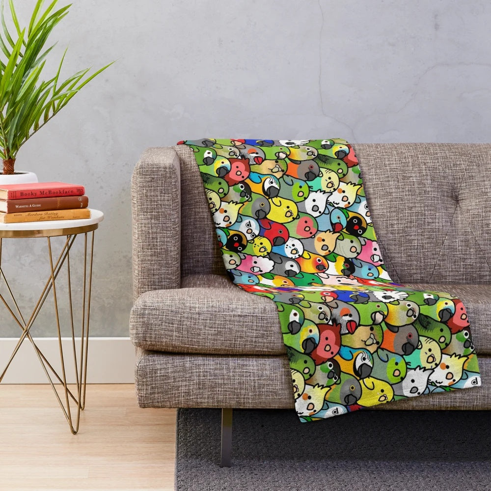 Everybirdy pattern plush blanket with various bird species including cockatiel, parrot, and more