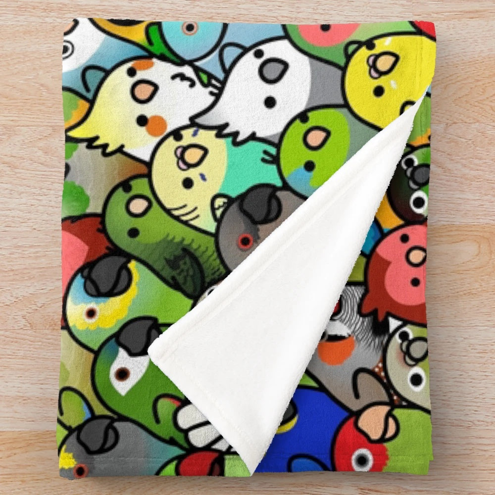 Everybirdy pattern plush blanket with various bird species including cockatiel, parrot, and more