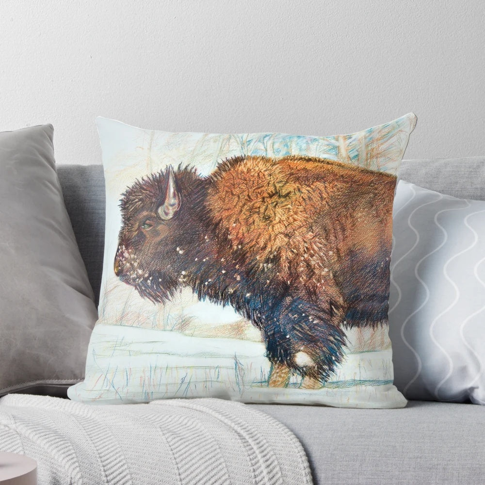 Closeup of a soft, plush bison pillow with a nature and wildlife design.
