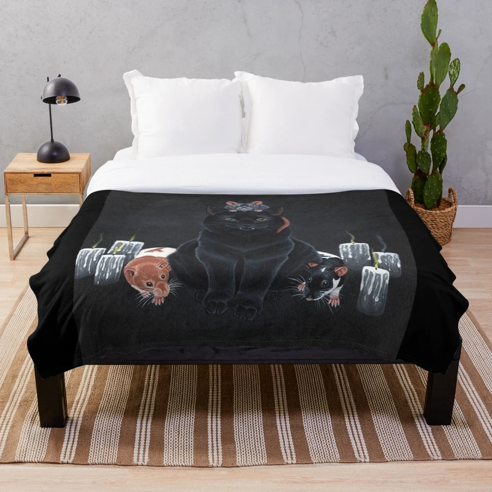Black cat and fancy rats design plush blanket