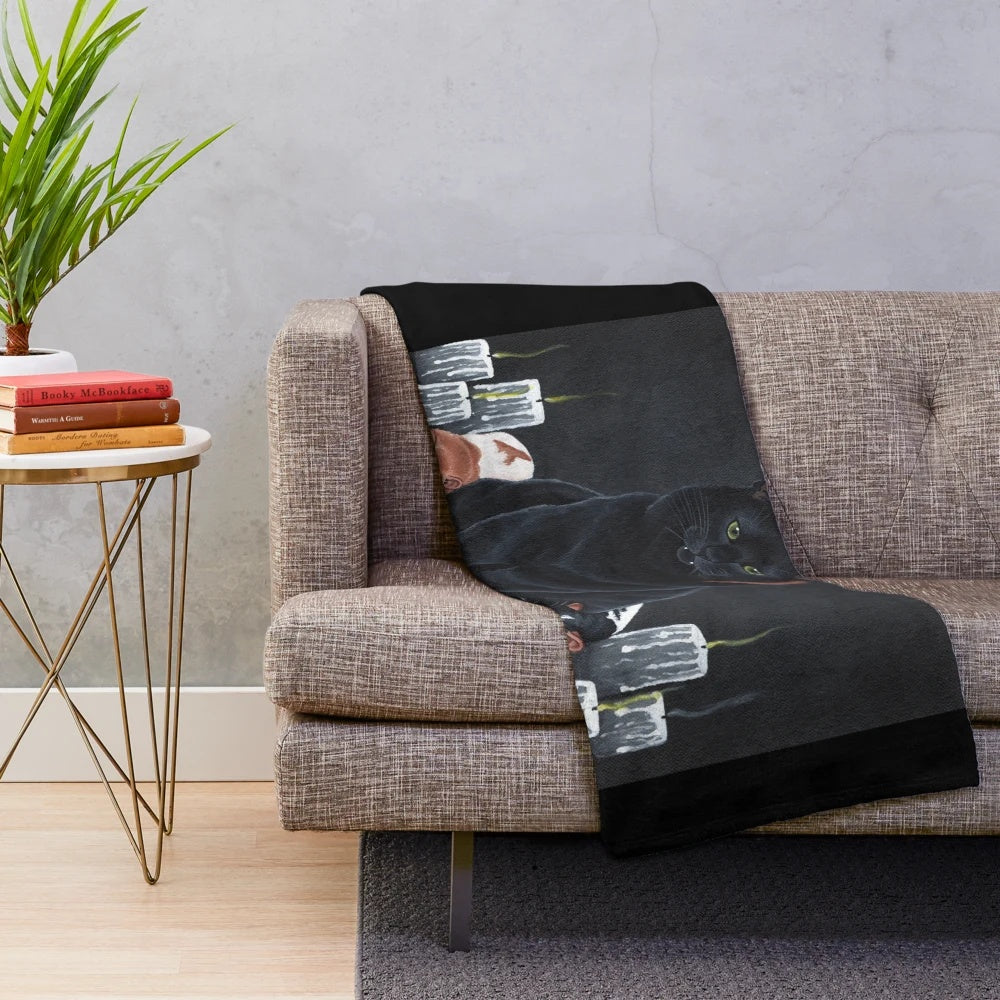 Black cat and fancy rats design plush blanket