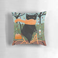 A black cat sitting on a bicycle against an autumn backdrop, perfect for a cozy home decor piece.