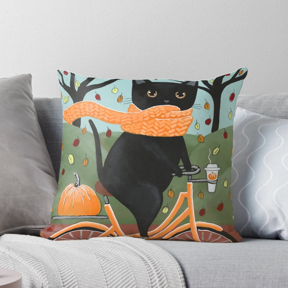 A black cat sitting on a bicycle against an autumn backdrop, perfect for a cozy home decor piece.