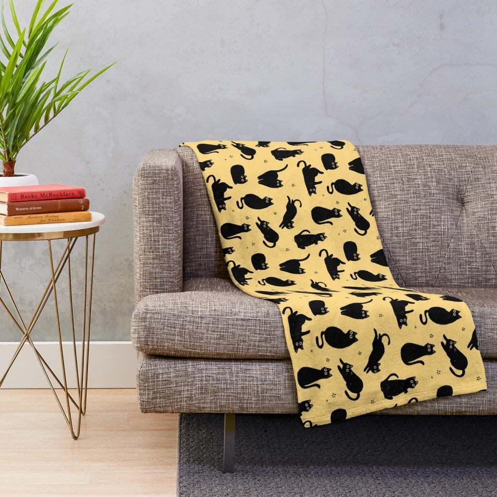 Black cat pattern plush blanket for cozy and witchy home decor