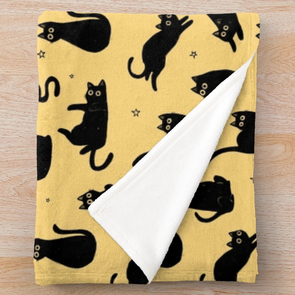 Black cat pattern plush blanket for cozy and witchy home decor