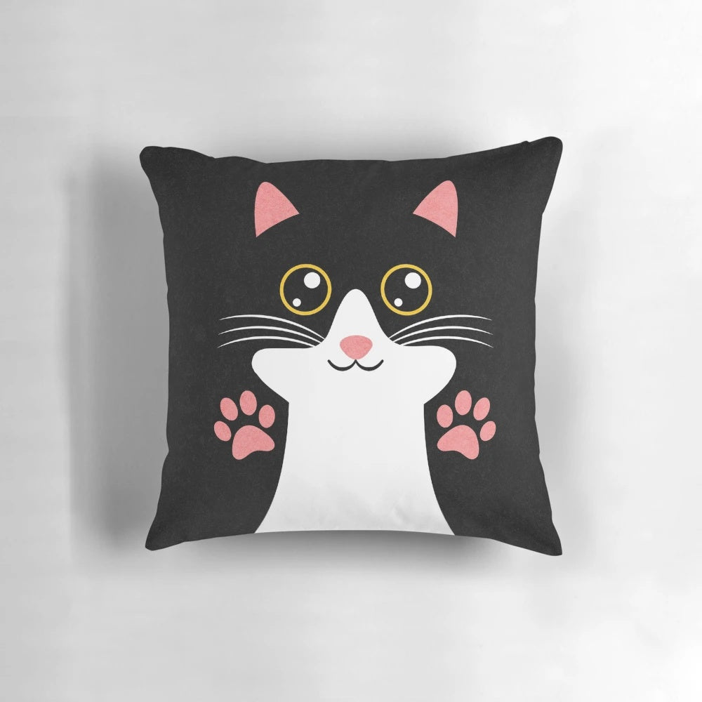 Plush black cat pillow with adorable feline face design, perfect for cat lovers