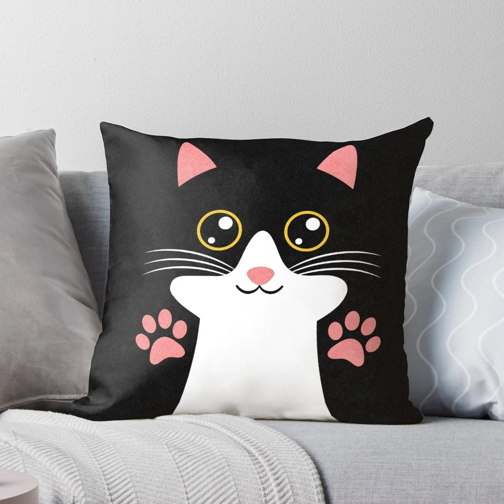 Plush black cat pillow with adorable feline face design, perfect for cat lovers