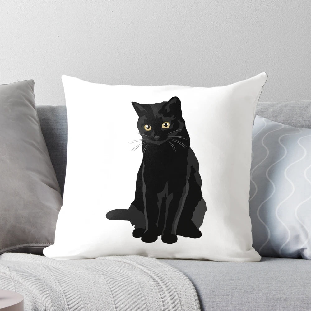 A plush black cat-themed pillow for home decoration