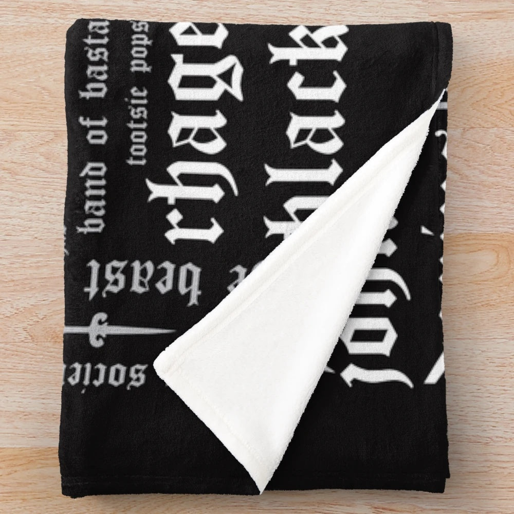 Plush blanket featuring a black dagger brotherhood-inspired word cloud landscape design