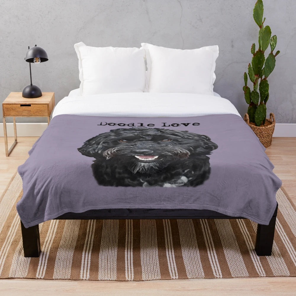 Black doodle dog plush blanket with various poodle mix breed designs