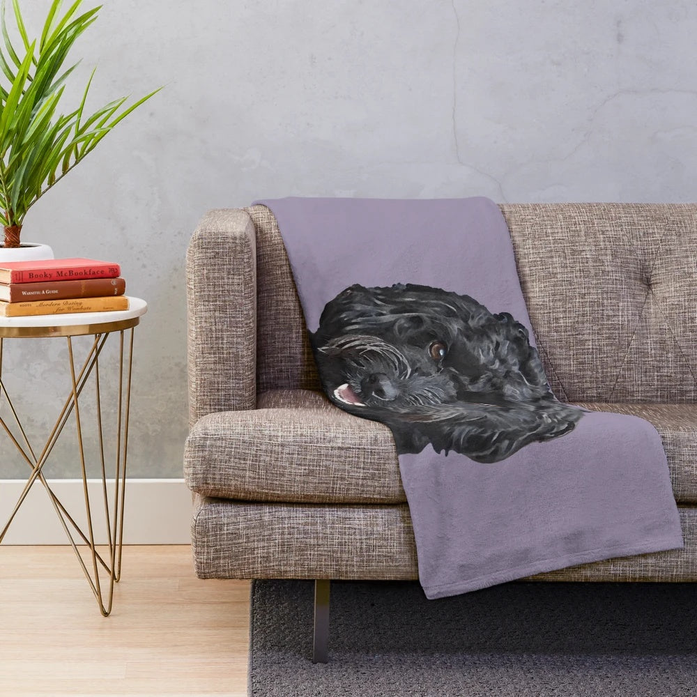 Black doodle dog plush blanket with various poodle mix breed designs