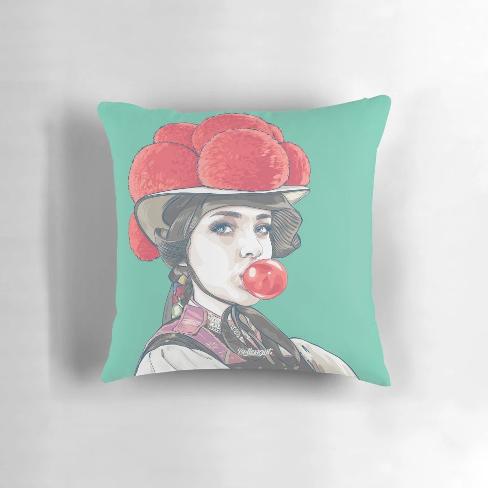 Soft, plush pillow featuring a charming illustration of a Black Forest girl with bubblegum