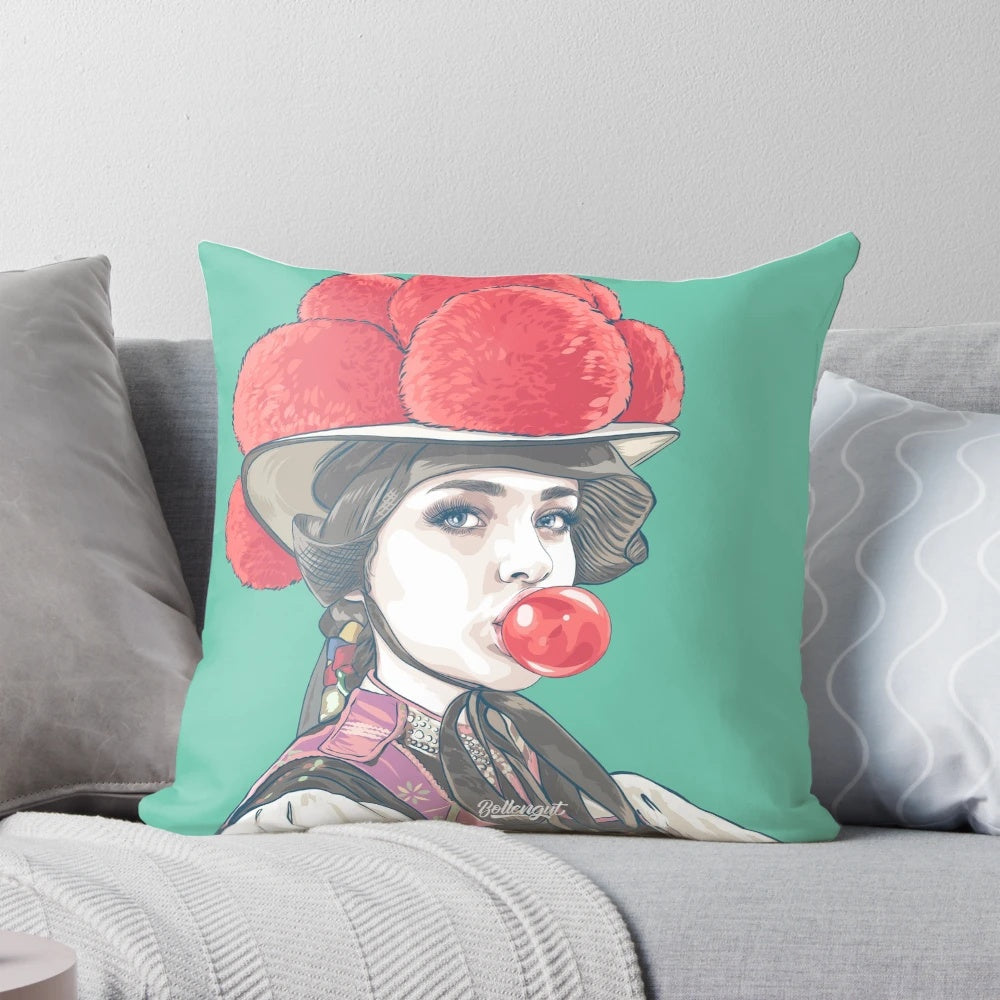 Soft, plush pillow featuring a charming illustration of a Black Forest girl with bubblegum