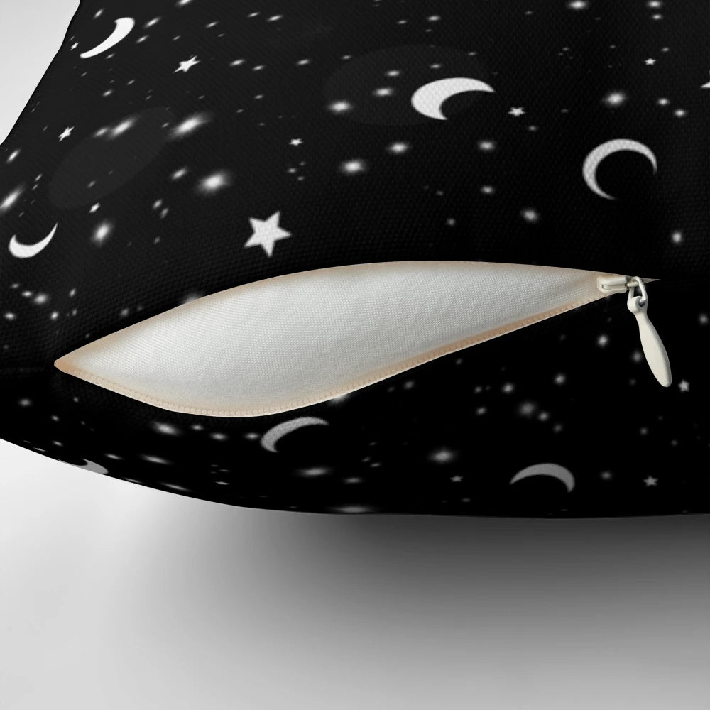 A black pillow with a detailed galaxy, moon, and star pattern for a celestial and mystical look.