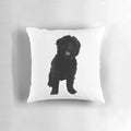 A soft, plush pillow featuring a black goldendoodle dog