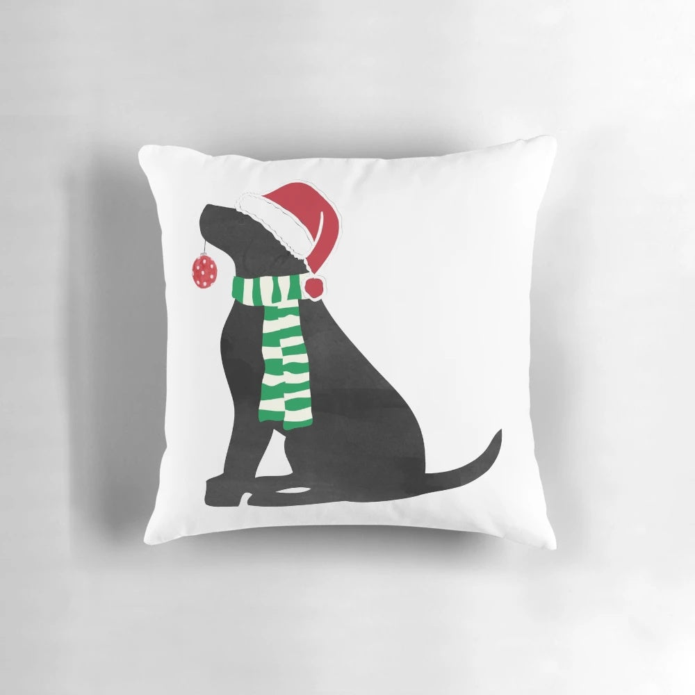 Festive Christmas black Labrador dog pillow with red and green accents
