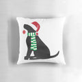 Festive Christmas black Labrador dog pillow with red and green accents