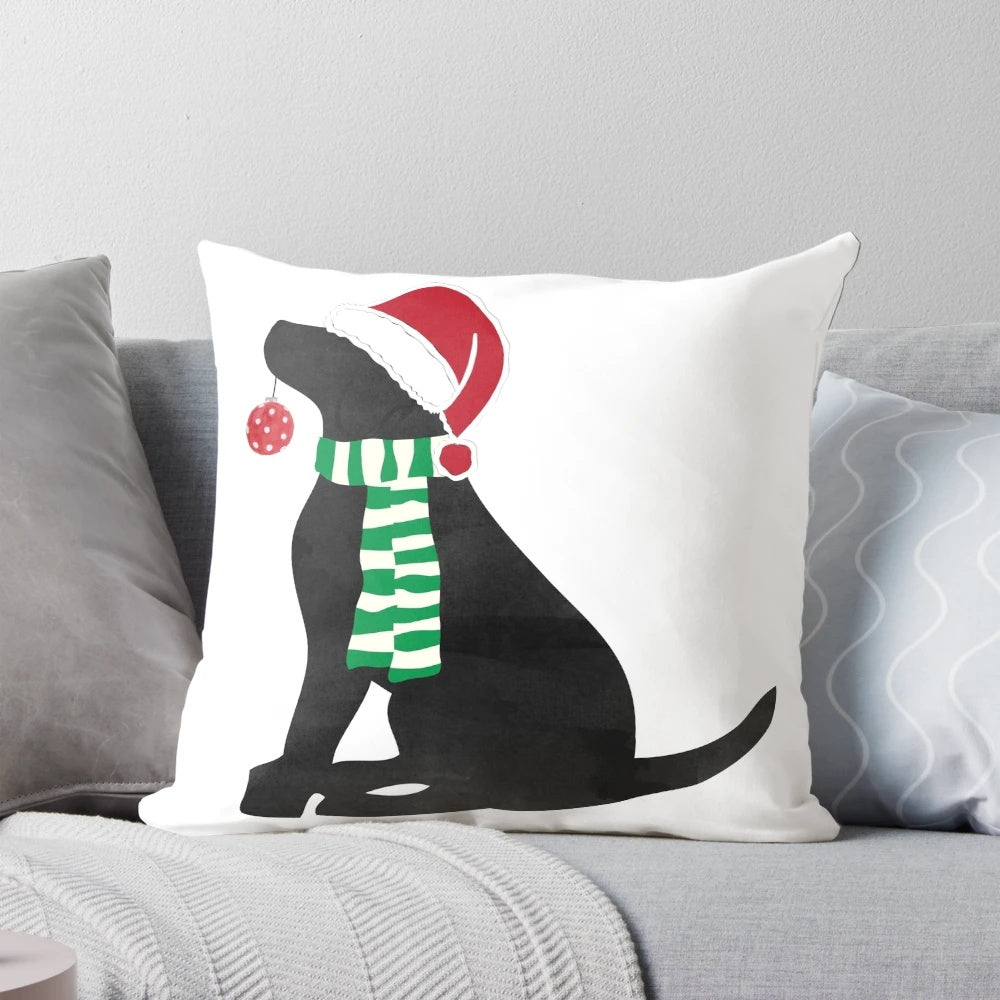 Festive Christmas black Labrador dog pillow with red and green accents