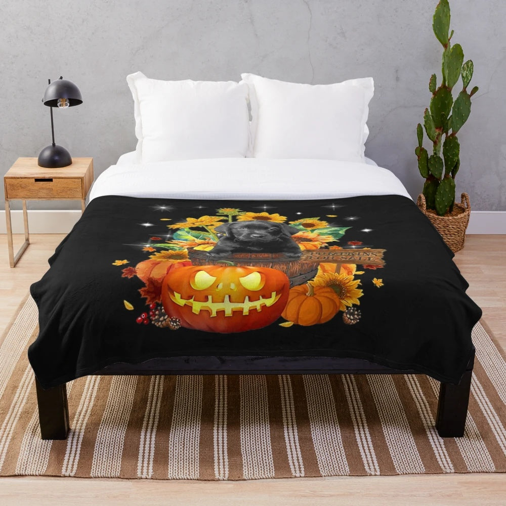 Plush black labrador retriever blanket with autumn pumpkins