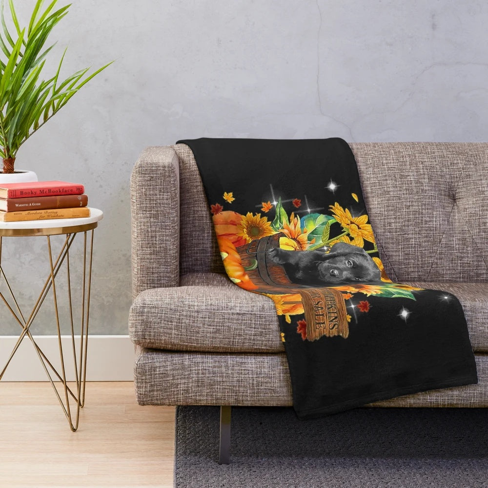 Plush black labrador retriever blanket with autumn pumpkins
