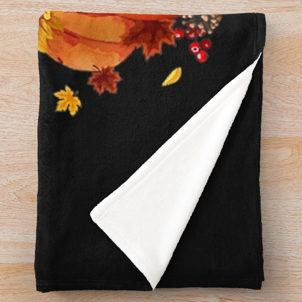 Plush black labrador retriever blanket with autumn pumpkins