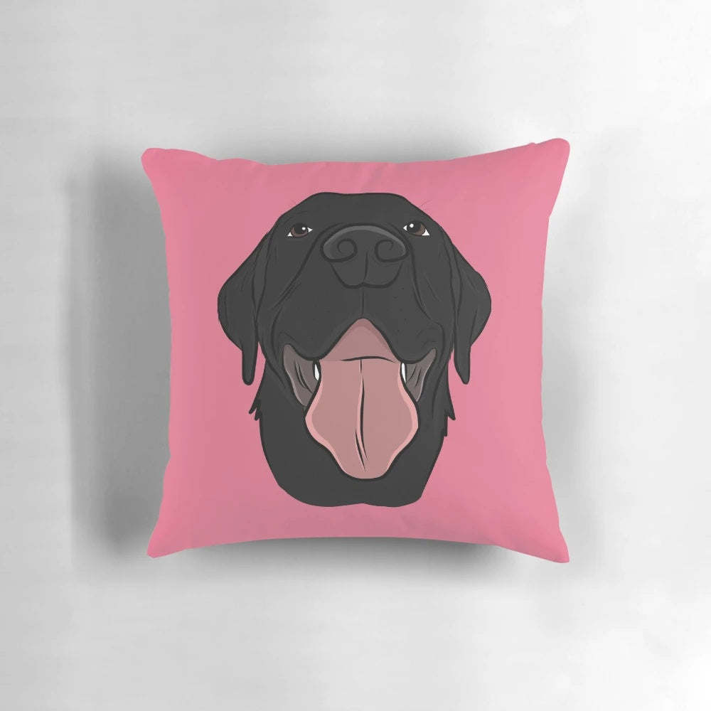 Soft, plush pillow featuring a happy black labrador retriever dog