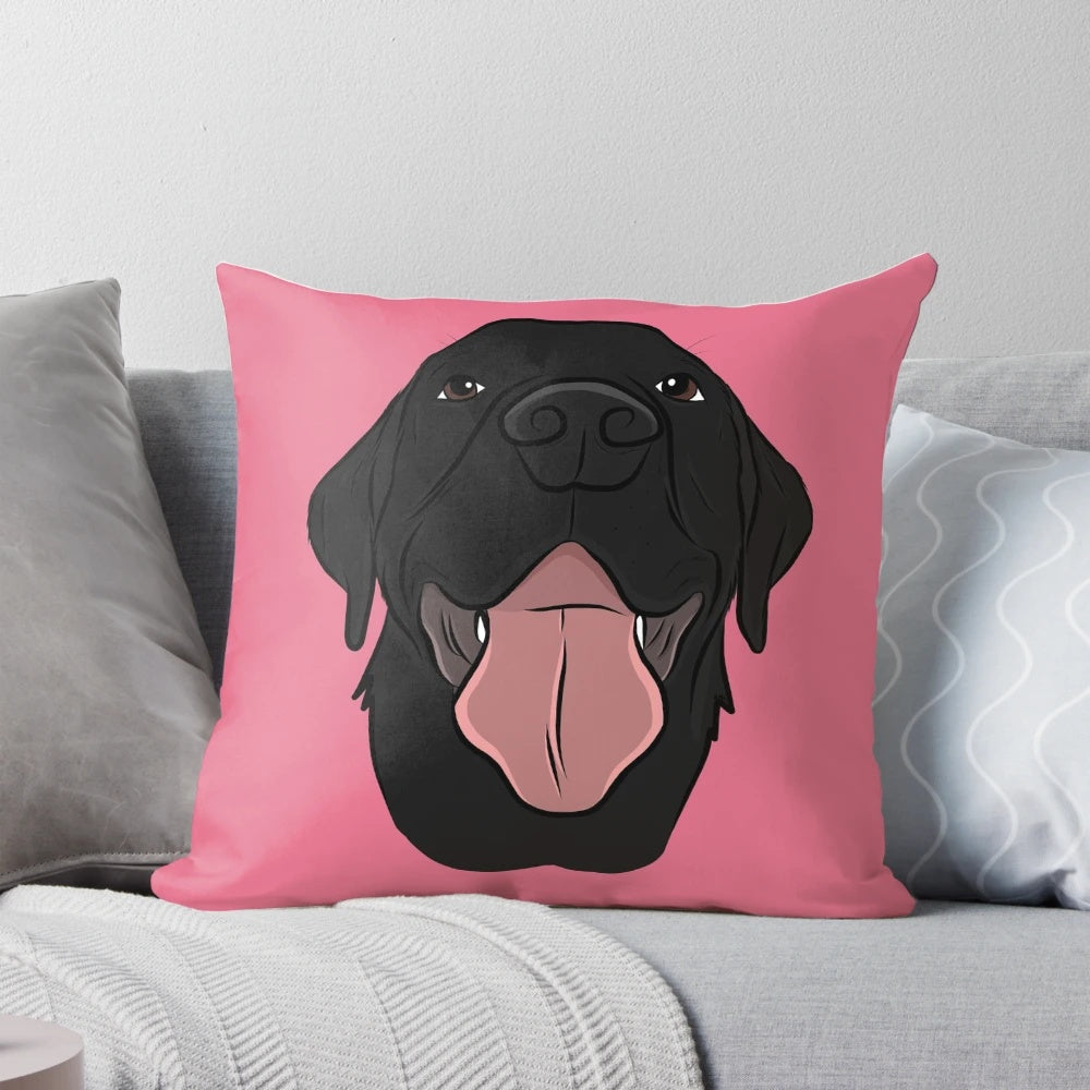 Soft, plush pillow featuring a happy black labrador retriever dog