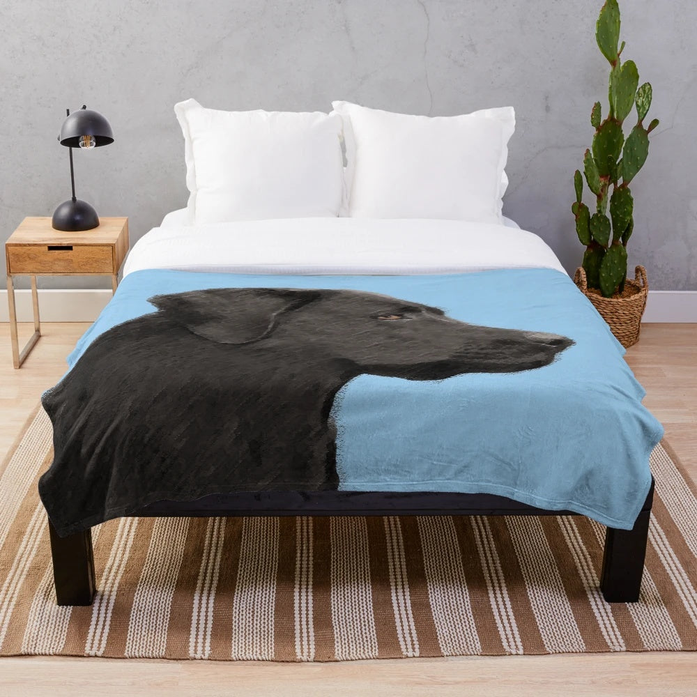 Black Labrador Retriever dog portrait on soft, plush blanket