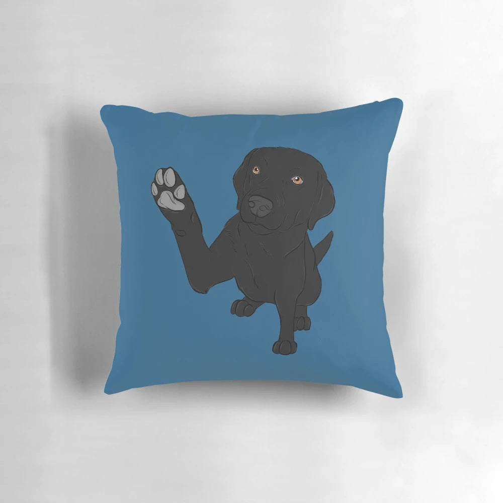 Soft, plush black labrador retriever pillow with cartoon illustration