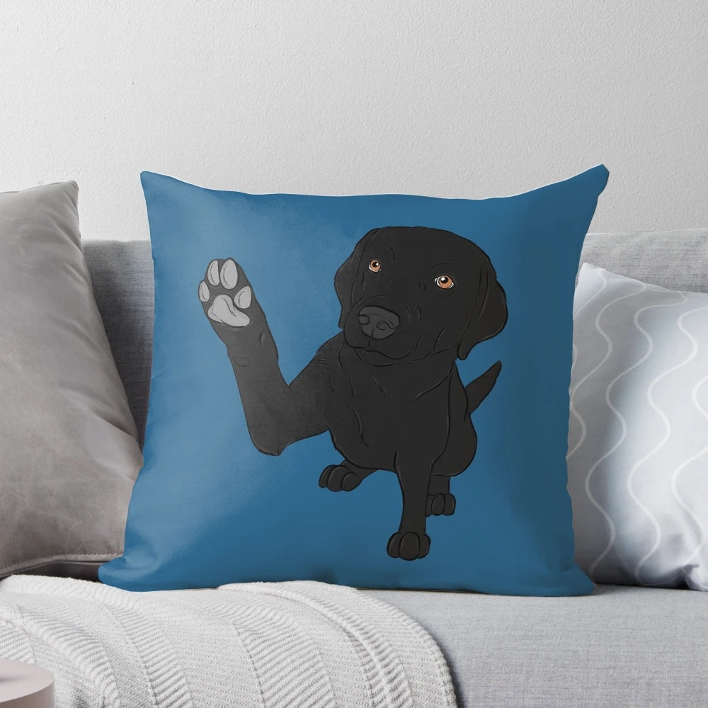 Soft, plush black labrador retriever pillow with cartoon illustration