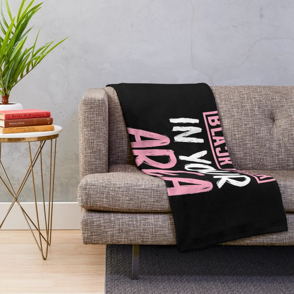 Black Pink-inspired plush blanket featuring the K-pop group's logo and colors
