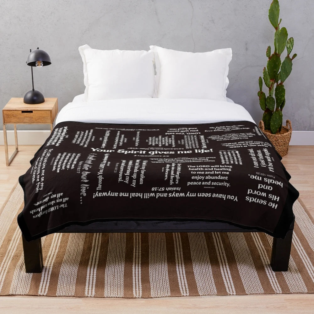 Cozy black plush blanket featuring healing scriptures from the Bible