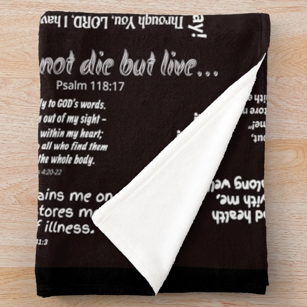 Cozy black plush blanket featuring healing scriptures from the Bible