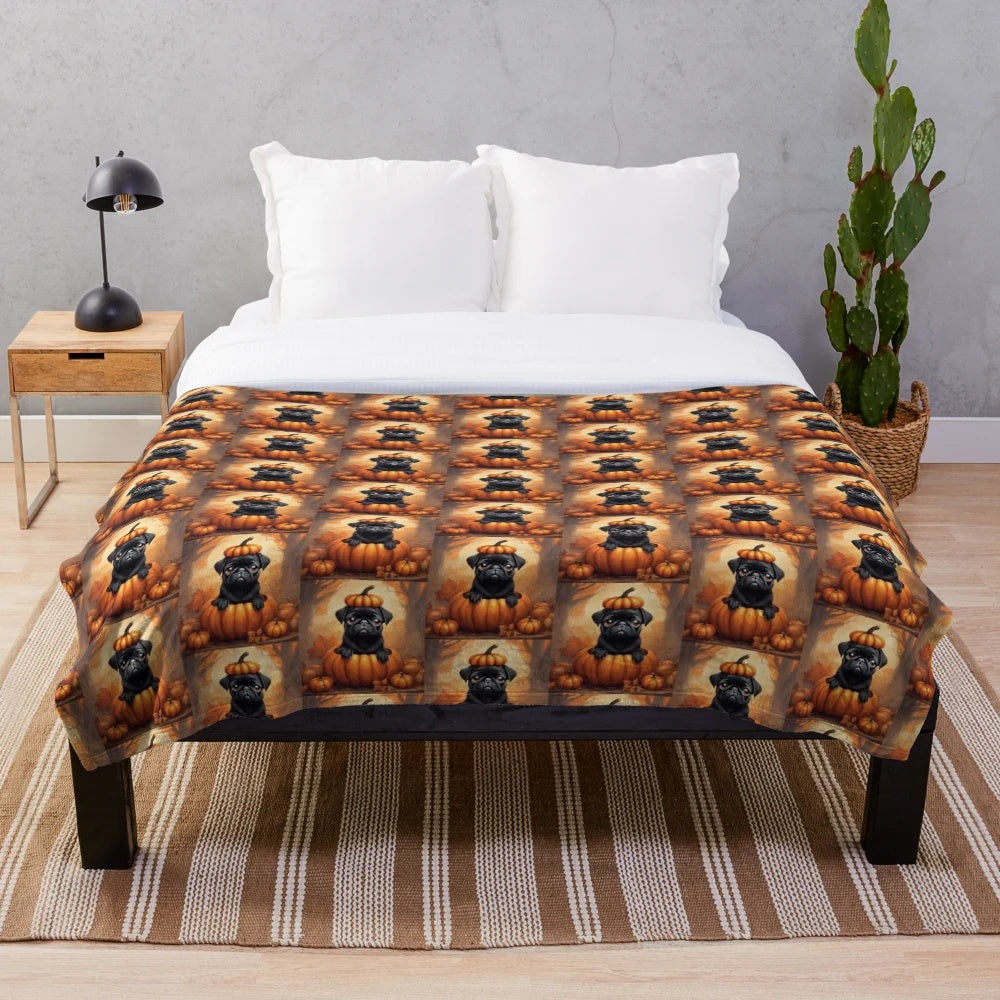 A black pug plush blanket with autumn pumpkin patch design