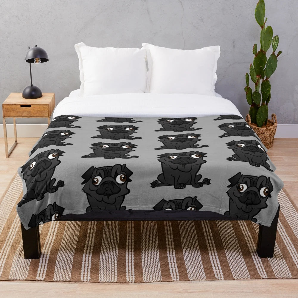 Black pug plush blanket with cartoon pug design