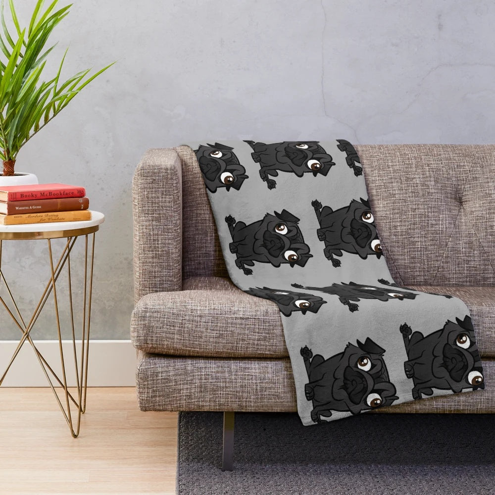 Black pug plush blanket with cartoon pug design