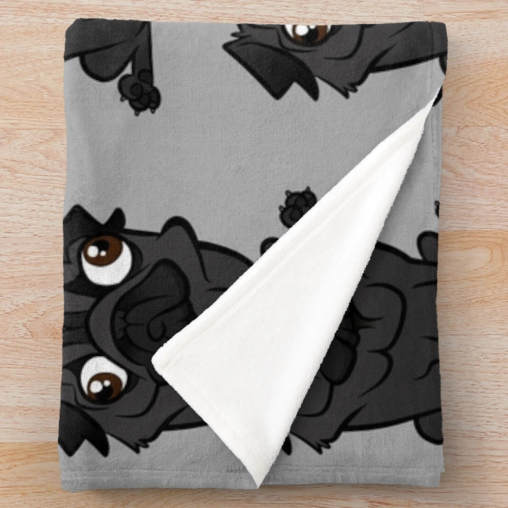 Black pug plush blanket with cartoon pug design