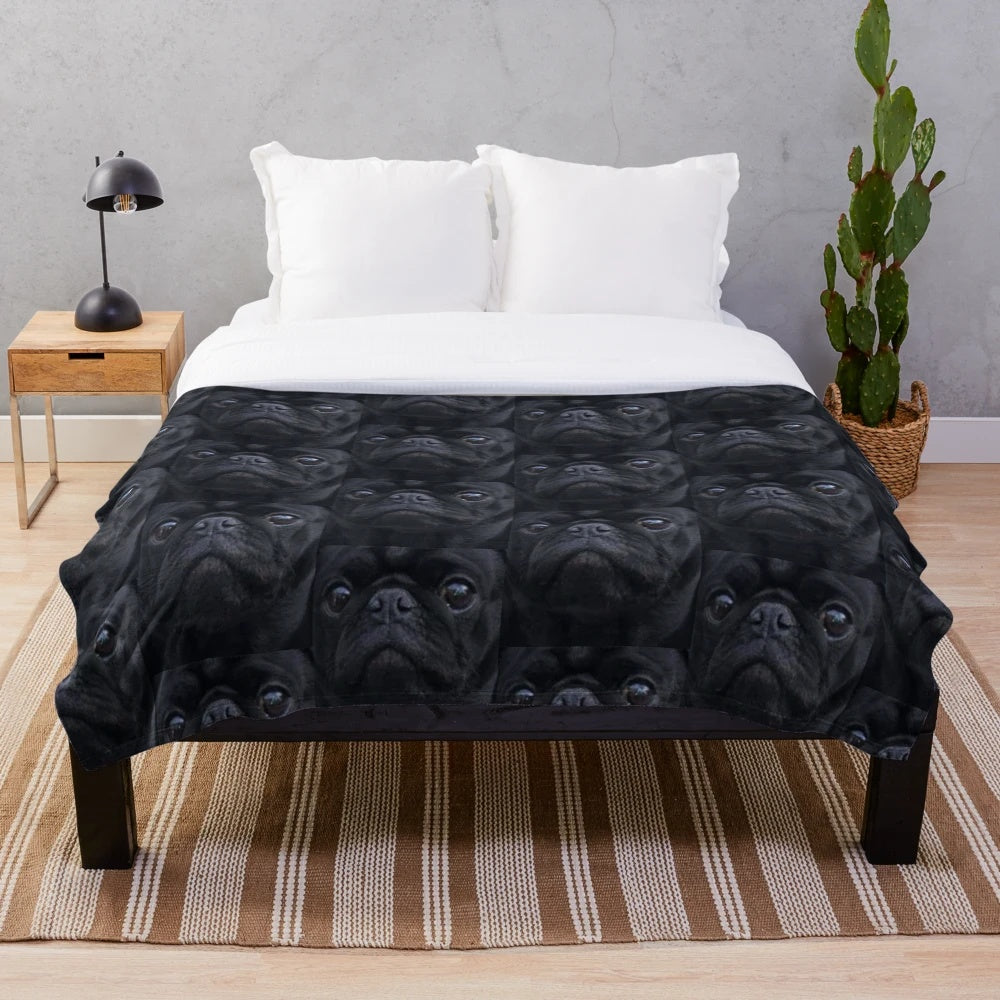 Black pug dog face plush blanket