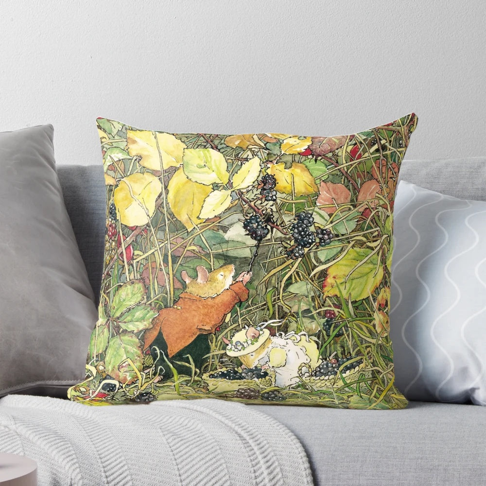 A plush pillow featuring a charming blackberry picking scene from the beloved children's book series Brambly Hedge.