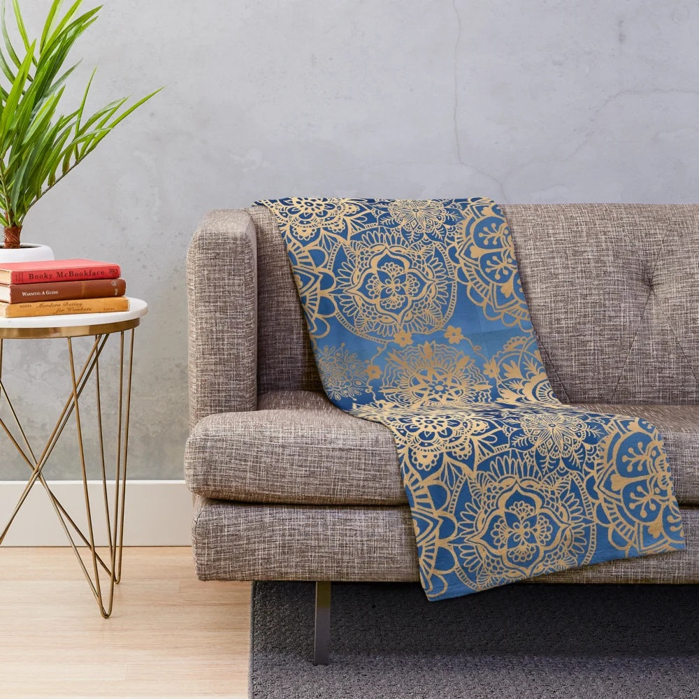 Blue and gold mandala pattern plush blanket