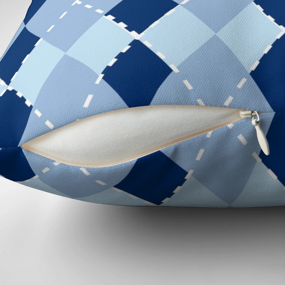 Blue argyle patterned pillow with a diamond design