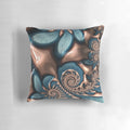 Blue and brown fractal spiral pattern pillow with teal and chocolate swirls