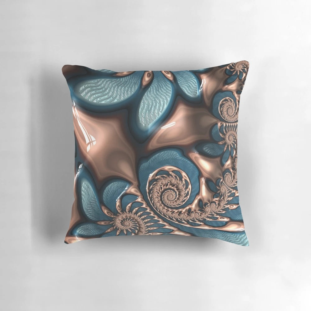 Blue and brown fractal spiral pattern pillow with teal and chocolate swirls