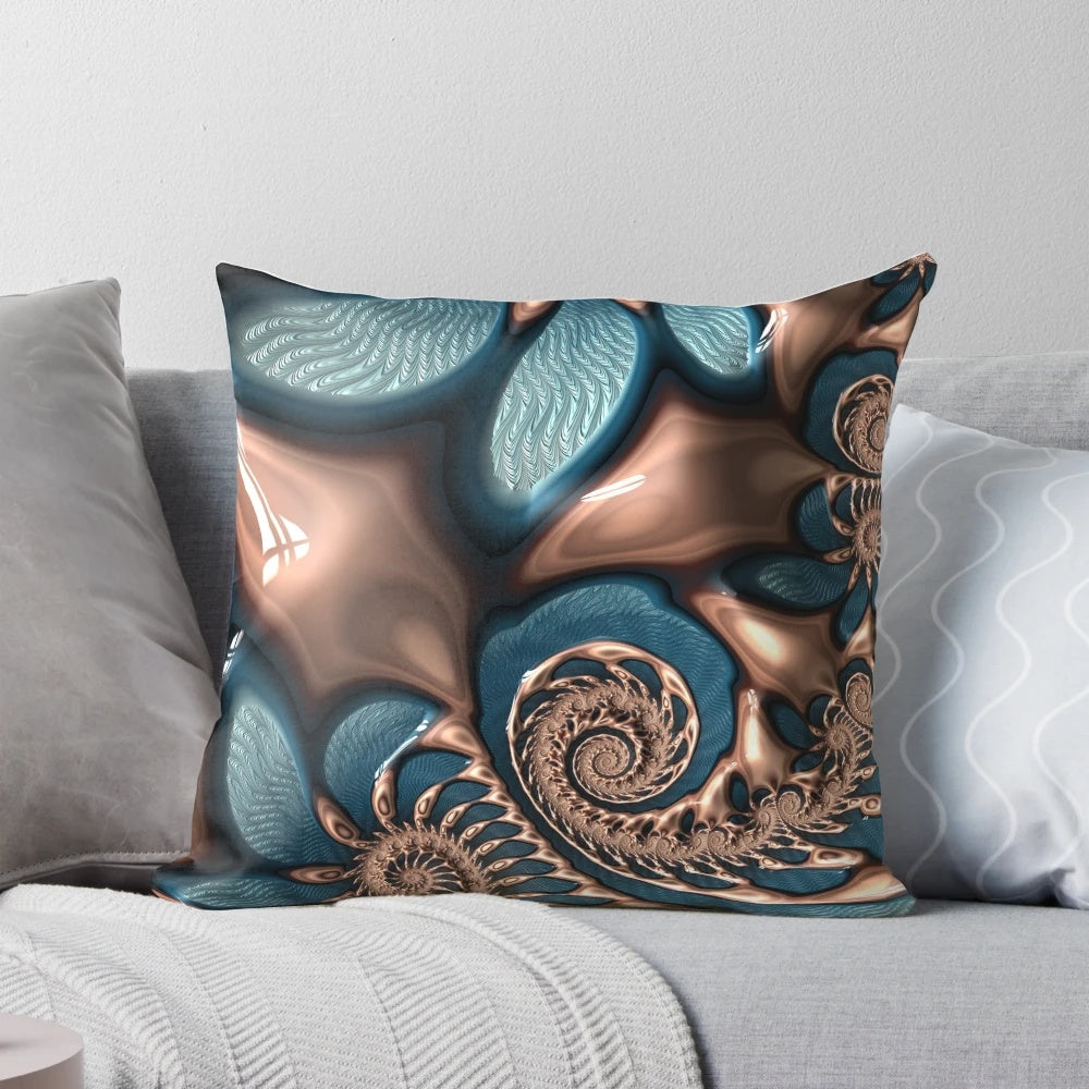 Blue and brown fractal spiral pattern pillow with teal and chocolate swirls