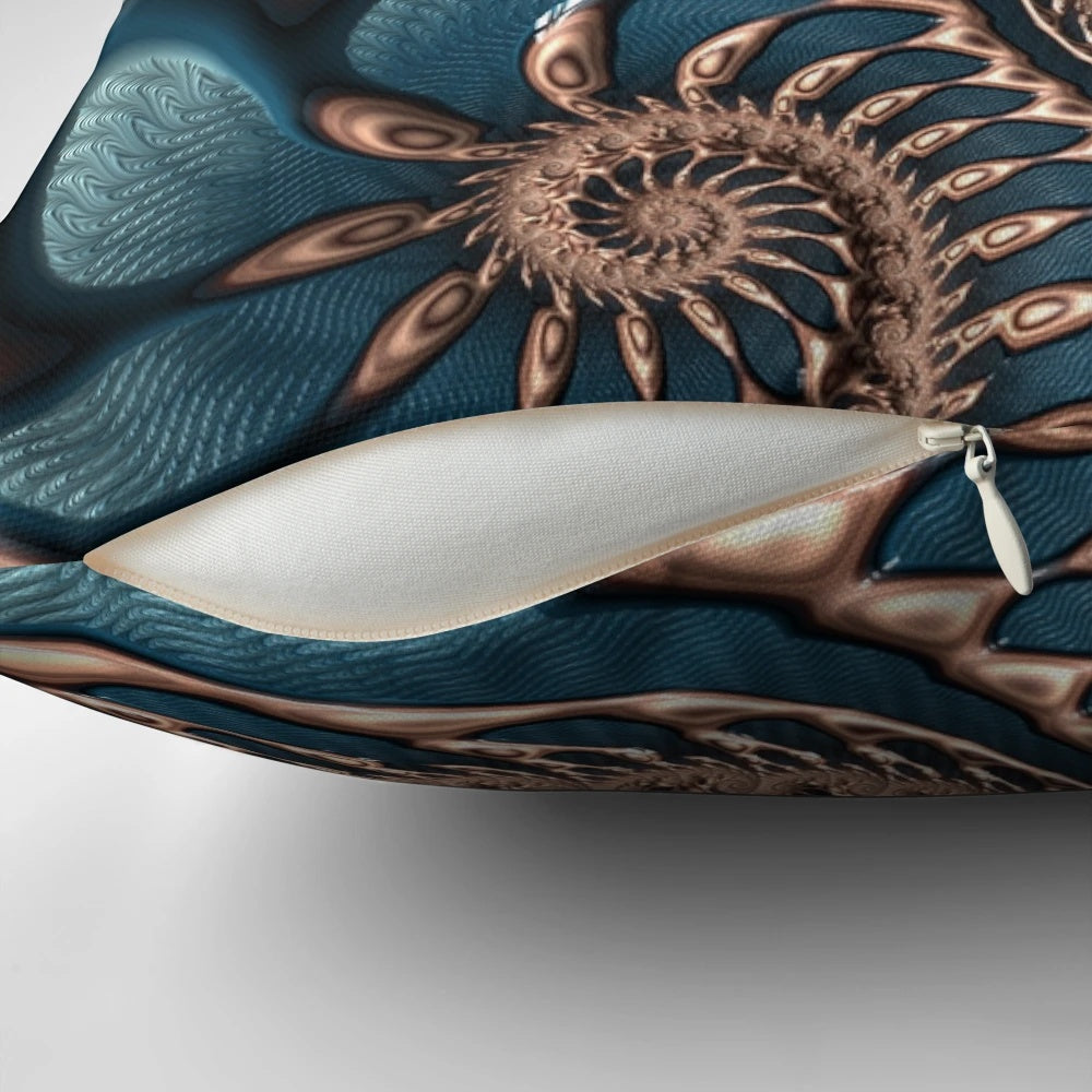 Blue and brown fractal spiral pattern pillow with teal and chocolate swirls