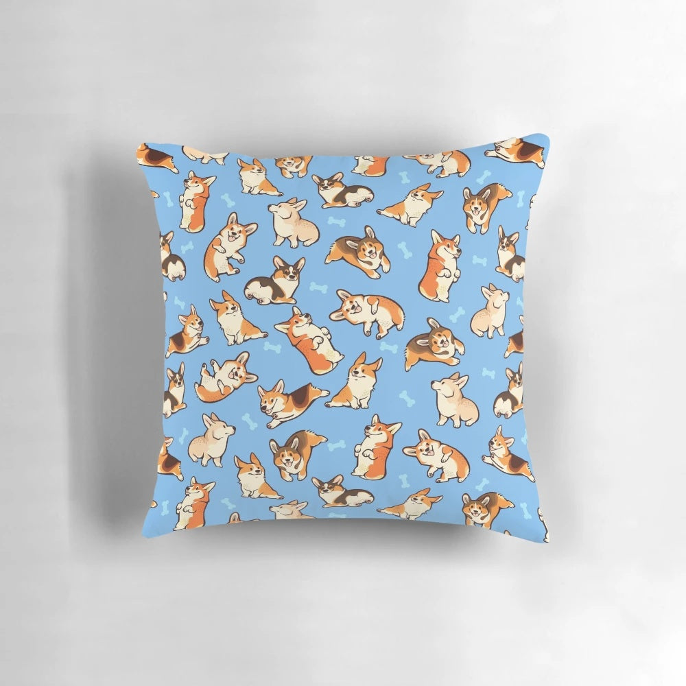 Soft, blue pillow featuring a cute Pembroke Welsh Corgi dog pattern design