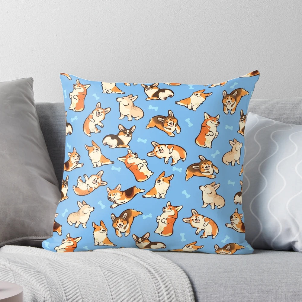 Soft, blue pillow featuring a cute Pembroke Welsh Corgi dog pattern design